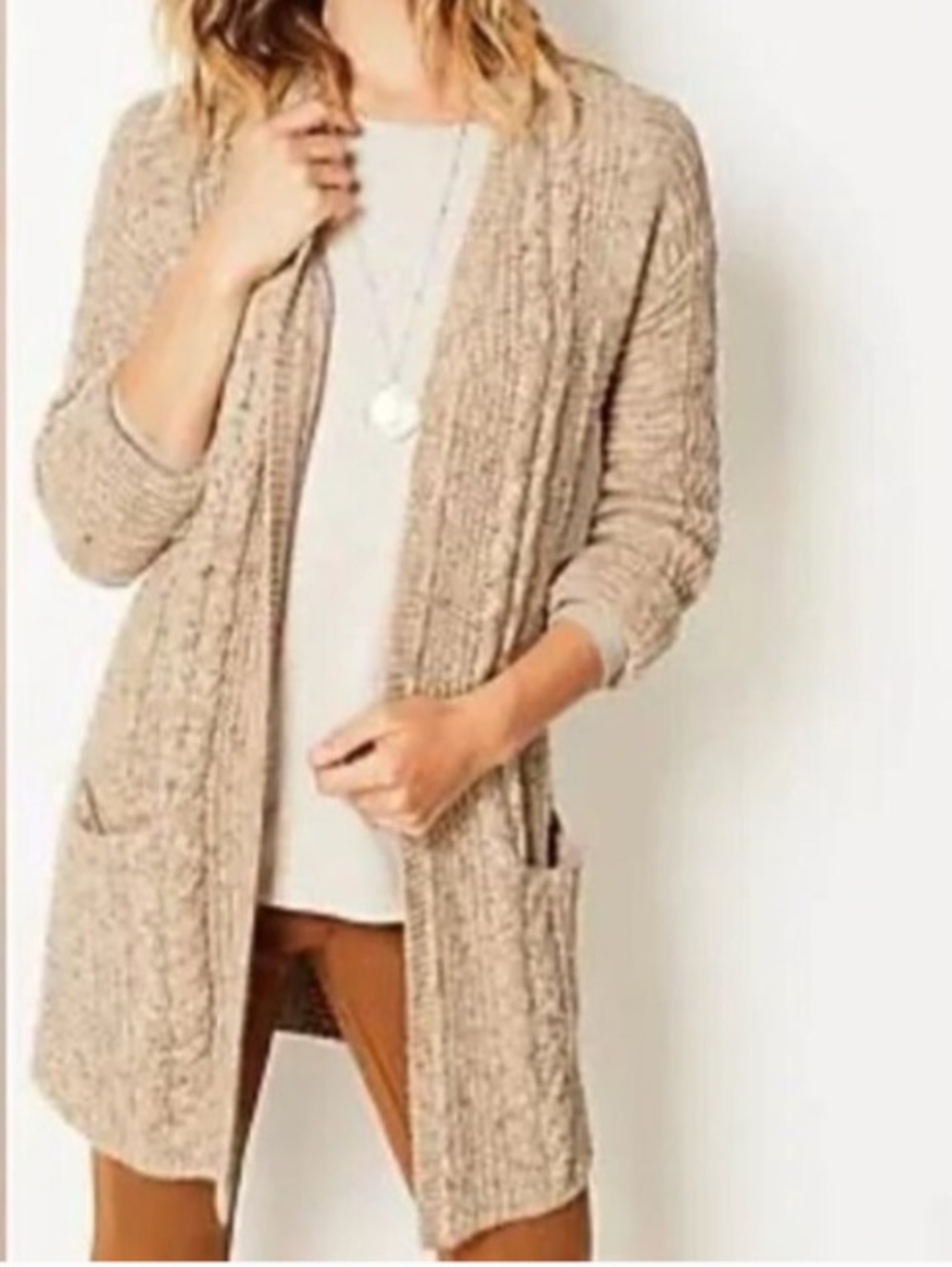 New J. Jill XL Chunky Cable Knit Duster Cardigan Sweater Khaki Cotton Blend